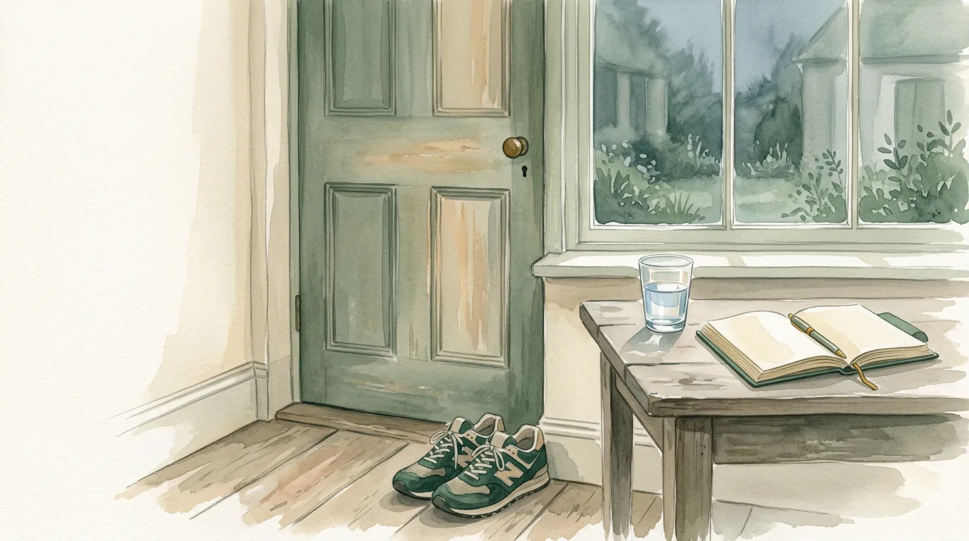 Ilustração em aquarela do ciclo 1, Disciplina, Hábitos e Autodomínio: uma manhã ao amanhecer, com o tênis de corrida junto à porta, um copo d'água e um caderno aberto sobre a mesa