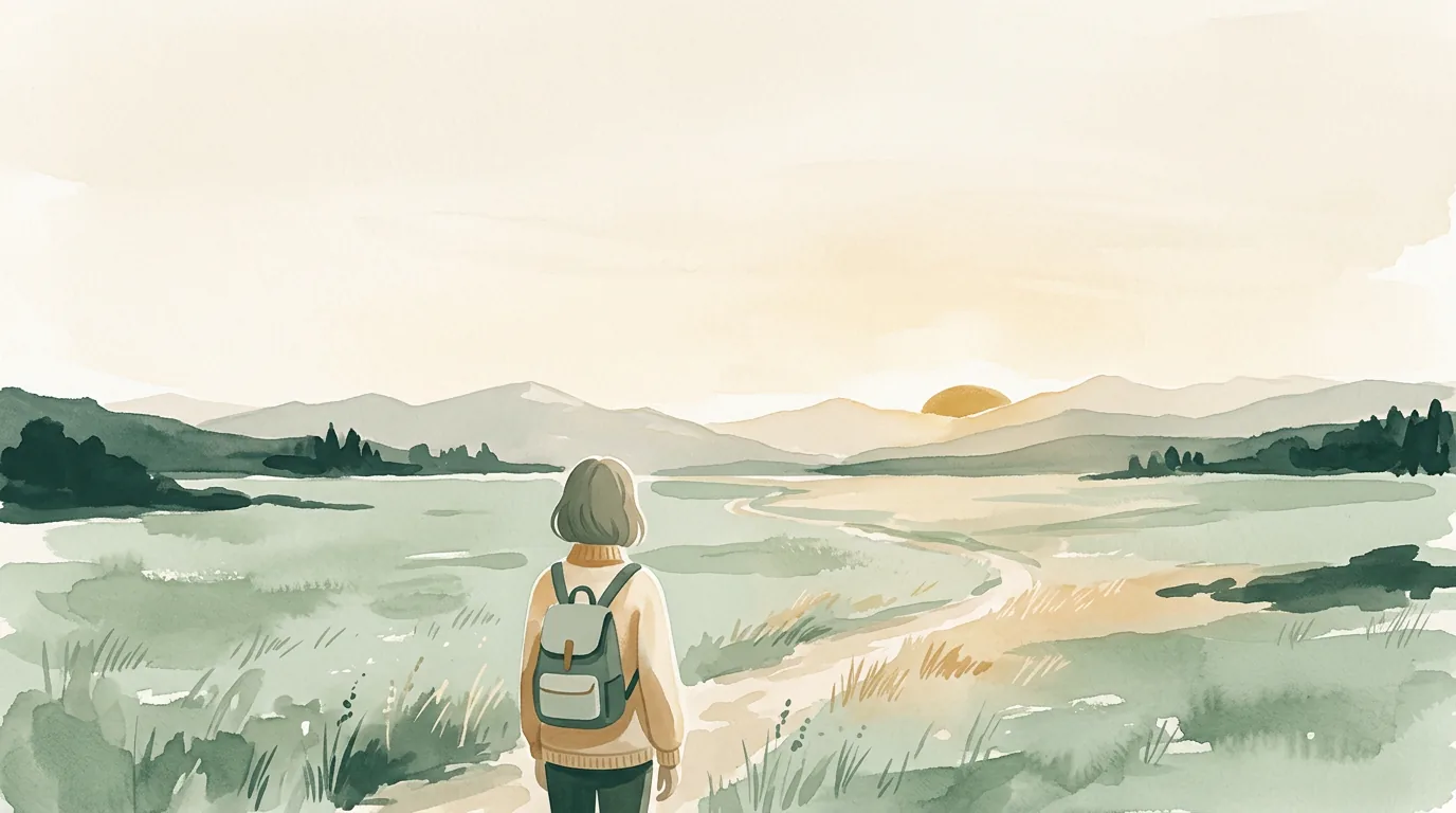 Ilustração em aquarela do ciclo 5, Propósito e Direção de Vida: uma pessoa numa campina ao amanhecer, olhando uma montanha ao longe