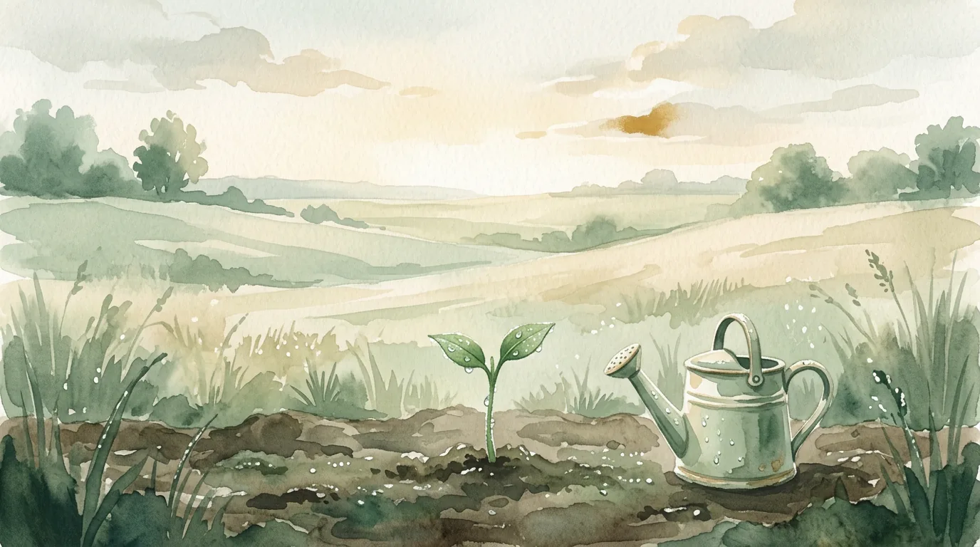 Ilustração em aquarela do ciclo 12, Legado, Fechamento e Renovação: uma muda brotando ao nascer do sol, com um regador ao lado